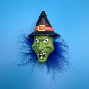 Vintage Halloween Witch Face with Feather Hair Pin Brooch Costume Decor Plastic